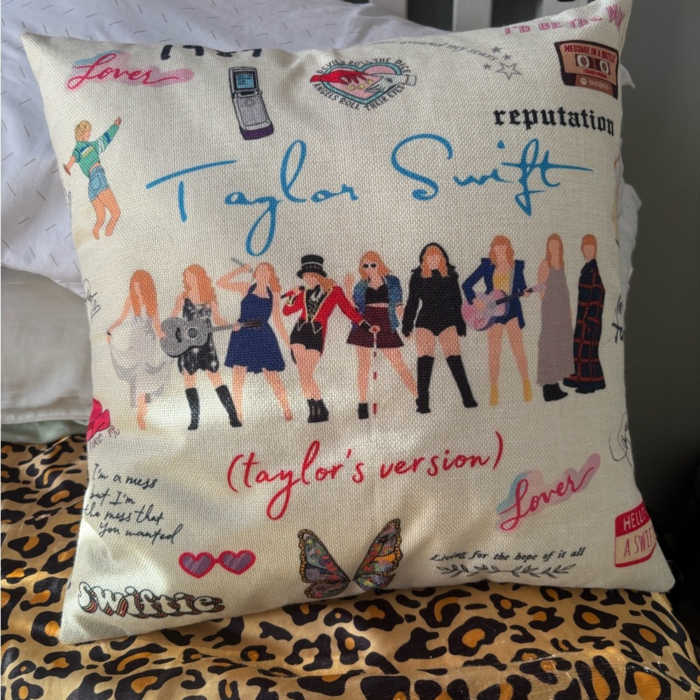 Taylor Swift Cream Pillow with Multicolor Illustrations